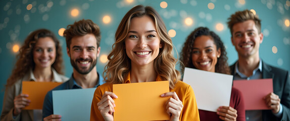 Photo realistic as People with Sparkling Hiring Notices and Happy Smiles concept as A group of people holding sparkling hiring notices with happy smiles set against a whimsical background offering amp
