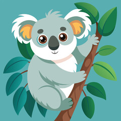 A fluffy koala clings to a eucalyptus branch.
