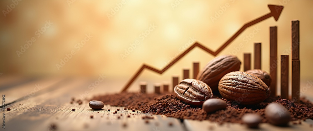 Poster Photo realistic as Cocoa Pods and Horizontal Chart concept as Cocoa pods and a horizontal chart on a whimsical background offering ample space for text or graphics symbolizing steady cocoa commodity v