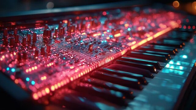 Illuminated synth keyboard showcasing internal circuitry