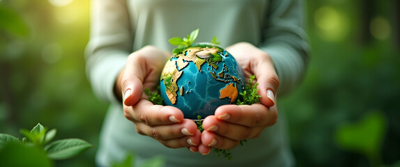 Two Hands Cradling Green Earth: Symbolizing Corporate ESG Responsibilities and Sustainable Practices for Planet Protection - Photo Stock Concept
