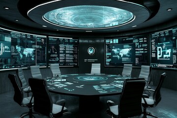 display futuristic control room monitoring planetary orbits on holographic