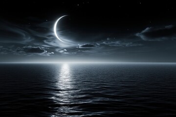 Crescent moon over a tranquil ocean at night