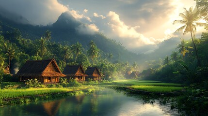 Fototapeta premium Lush Tropical Village Photo With Rice Fields And Mountain Backdrop On A Sunny Morning