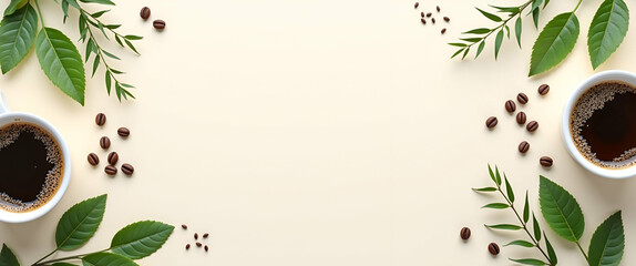 Eco friendly coffee border with plant elements and copy space for International Coffee Day campaigns concept as Eco friendly coffee design incorporating plant elements with copy space for Internationa