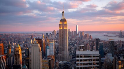 Panoramic view of a city skyline at sunset