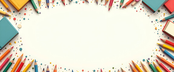 Obraz premium International Children's Book Day Frame: Book Pages & Crayons Design with Ample Space for Quotes - Perfect for Celebrating Literacy & Imagination in Kids' Literature