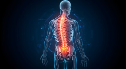 Human Spine Anatomy with Back Pain on Dark Blue Background