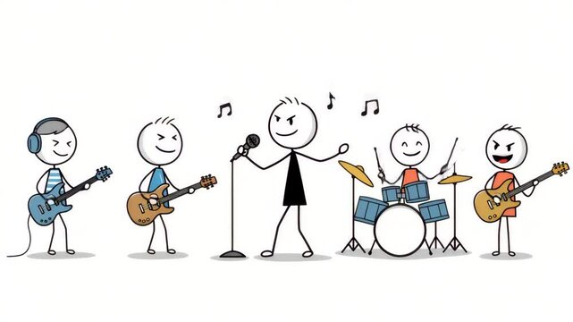 Simple stick figure band performing music illustration