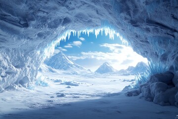 Frozen cave opening to a majestic snowy landscape