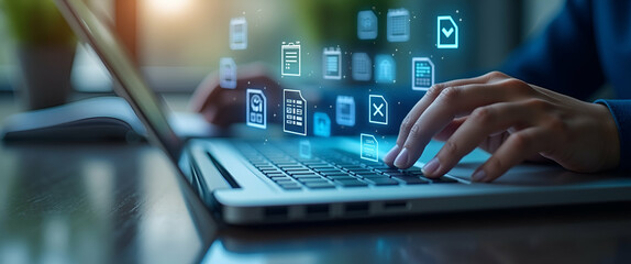 Hand Interacting with Holographic Digital Checklist Interface on Laptop - Online Survey Completion, Checkbox Icons, Form Filling Concept, Empty Space for Text