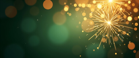 Obraz premium Vintage Gold and Green Fireworks with Bokeh Effects: Elegant New Year Eve Abstract Background for Holiday Concepts with Empty Space on the Left