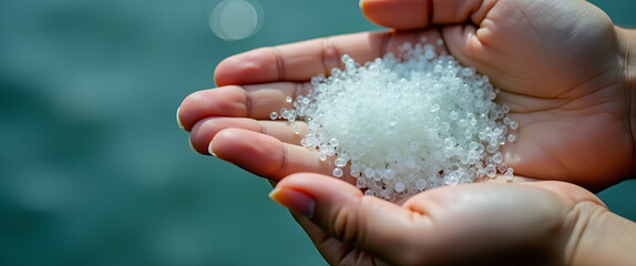 Fototapeta premium Close-Up of Microplastics in Hand: A Stark Illustration of Water Pollution's Role in Climate Change and Global Warming - Stock Photo Concept with Space for Text