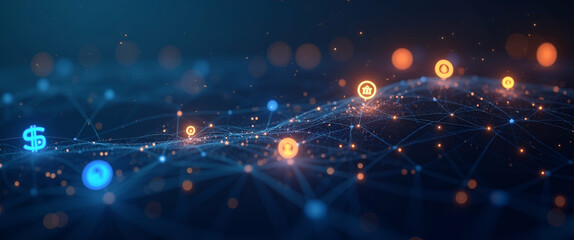 Contemporary Wallpaper Design: Abstract Visuals of Global Stablecoin Adoption with Digital Coin Icons, Interconnected Network Lines, and Ample Empty Space for Corporate Media