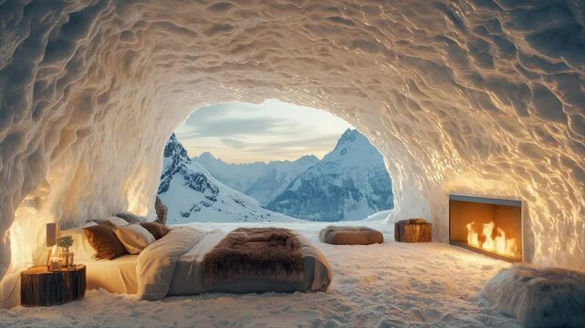 Cozy snow cave bedroom with mountain view & fireplace