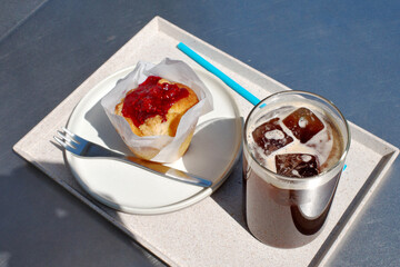 plate bread coffee cup cafe cake fruit