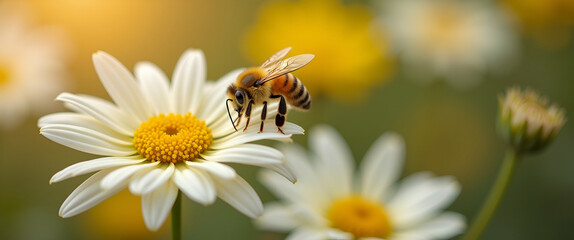 Bee Pollinating White Chrysanthemum Flowers in Autumn Garden - Capturing Nature's Beauty and Pollination Process with Empty Space for Text