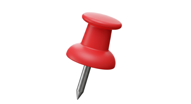 3D red push pin icon pointing downward isolated on white background, ideal for bulletin board visuals, map location marking, reminders, note pinning, and to-do list illustrations
