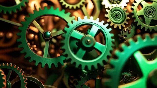 Interlocking Gears and Cogs: A Complex Mechanical System in Green and Gold