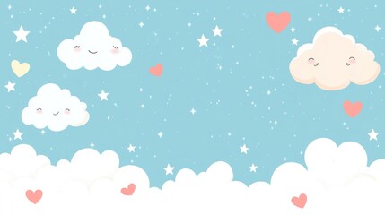Cute clouds, stars, and hearts in pastel sky, children's room decor