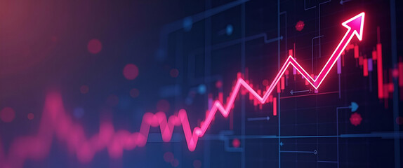 Financial Graph with Uptrend Line and Candlestick Chart on Neon Color Widescreen Background - Illustrating Positive Financial Trends with Space for Text