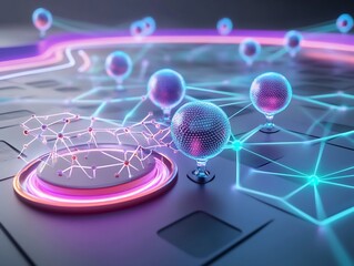 Futuristic D rendering of molecular reactions with glowing particles and chemical bonds interacting to form molecular structures