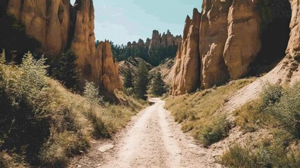 Terracotta rock formations along a rural dirt road.