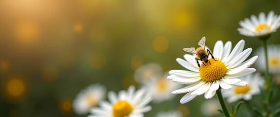 Obraz premium Bee gathers nectar from white chrysanthemum flowers in autumn garden highlighting pollination and natural beauty. concept as Bee gathers nectar from white chrysanthemum flowers in autumn garden highli