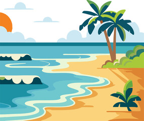Vector Tropical Beach Illustration with sunset