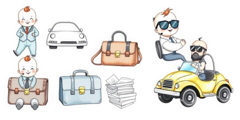 Naklejka premium Cute Baby Boss Cartoon Characters Driving Cars Briefcases