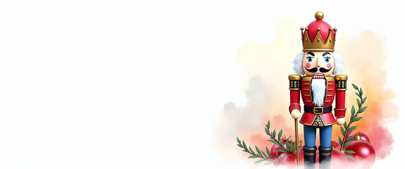 Beautiful Watercolor Nutcracker Figurine: A Colorful Portrayal of Festive Charm and Traditional Holiday Spirit with Empty Space for Text