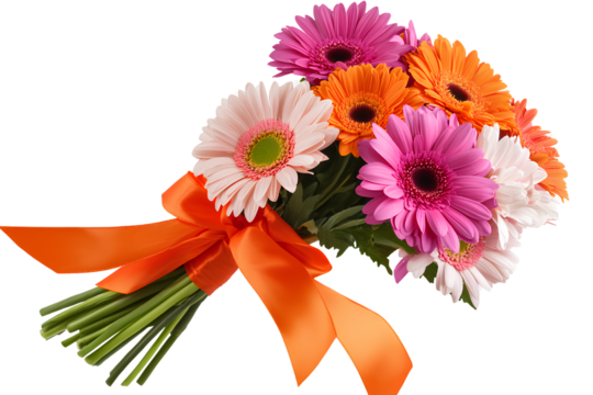 Bouquet of Gerbera Daisies with an orange knee-length ribbon wrapped around the bouquet, isolated on a transparent background