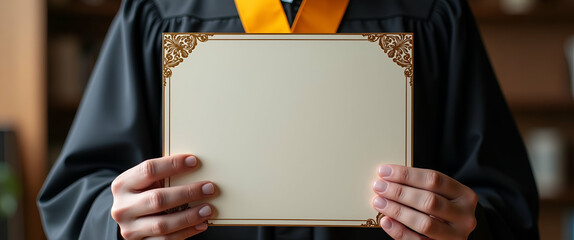 Present dignified imagery capturing a distinguished maestro con diploma proudly exhibiting academic success and professional honor enhanced by refined cultural design elements in  Photo Stock  Concept