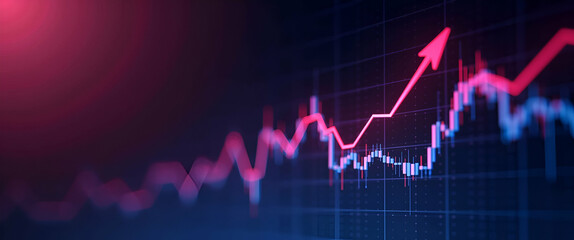 Naklejka premium Financial graph with uptrend line candlestick chart in stock market on neon color widescreen background. concept as Financial graph showing uptrend line with candlestick chart in stock market set on n