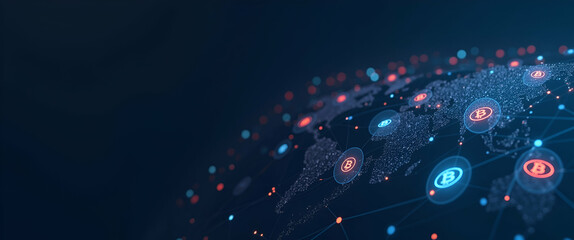 Contemporary Abstract Wallpaper Design: Global Stablecoin Adoption with Digital Coin Icons & Interconnected Network Lines - Modern Fintech Concept