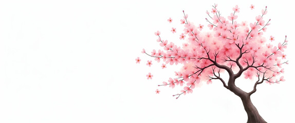 Elegant Watercolor Painting of a Single Cherry Blossom Tree in Full Bloom on White Background - Isolated Art Concept with Empty Space for Text or Design