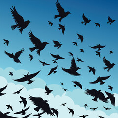 A flock of birds soars against a stark white sky on white background
