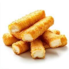 A pile of golden fried mozzarella sticks on  isoleted white background
