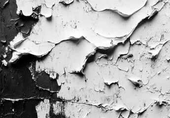 Abstract close-up of peeling white paint on a dark surface showcasing texture, patterns, and contrast in a monochromatic setting for artistic applications