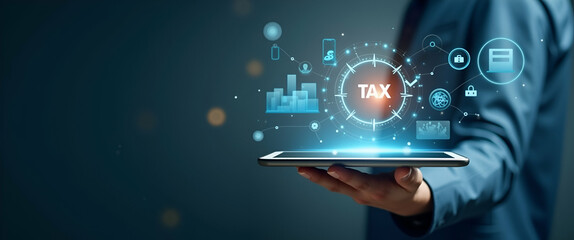 A Hand Operating a Holographic Device to Explore Tax Strategies for Small Businesses: Emphasizing Growth with an Empty Space Background Concept