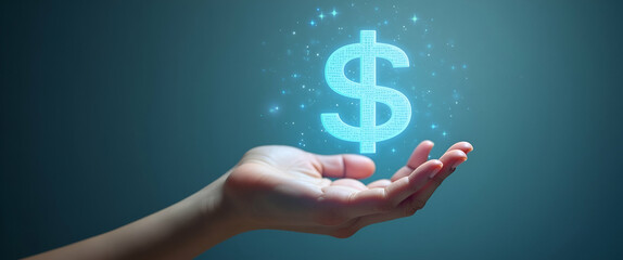 Hand presenting holographic investment mutual funds symbol representing investment mutual funds in empty space background concept as A hand showcases holographic investment mutual funds symbol illustr