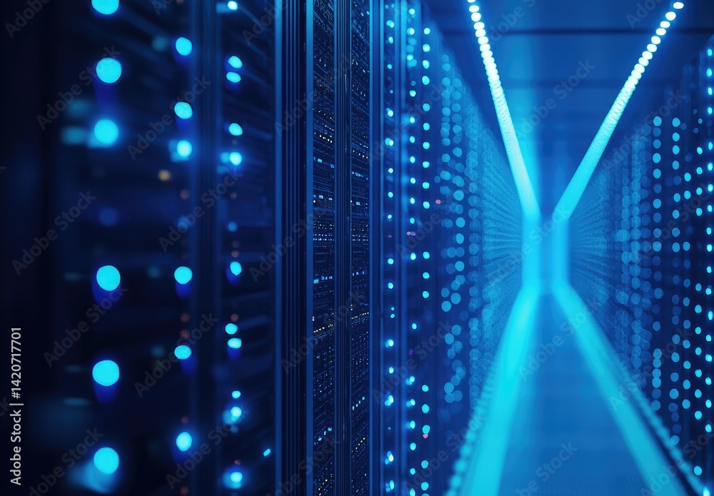Aufkleber blue-lit data center with symmetrical server racks and glowing led lights in a futuristic corridor. 