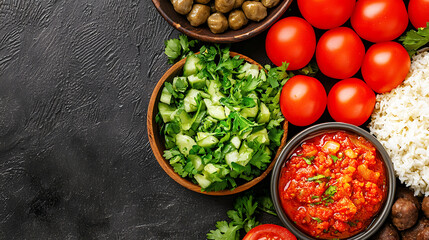 Mediterranean Cuisine: Fresh Tomatoes, Cucumbers, Olives, and Rice in a Vibrant Overhead Food Photography