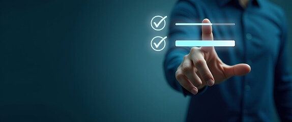 Hand Touching Holographic Progress Checklist with Check Marks and Loading Bar Symbolizing Task Completion and Project Progress in Empty Space for Management Strategies