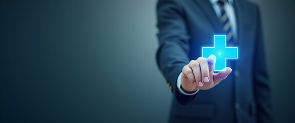 Businessman Touching Virtual Blue Plus Sign: Symbolizing Positive Mindset and Healthcare Insurance for Mental Health Care and Rejuvenation - Stock Photo Concept with Empty Space
