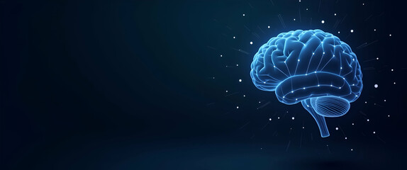 Low Poly Brain Symbolizing Wisdom: Abstract Vector Image of a Wireframe Blue Brain on Dark Background with Lines and Dots - Perfect for Stock Photos and Creative Concepts