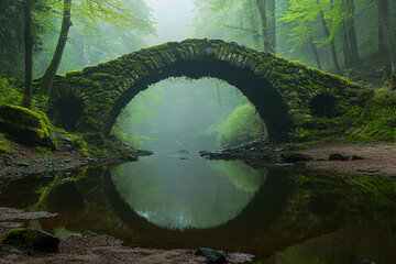 An ancient stone bridge, covered in moss and surrounded by greenery, evokes a sense of timelessness and mystery.