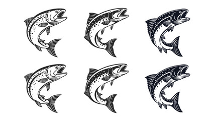 Naklejka premium Tribal eagle tattoo design set with fish silhouette and ocean pattern art, Silhouette of a monster trout fish set