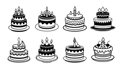 A vector set of cute birthday cake icons and sweet dessert illustrations for celebration, birthday cake icons set
