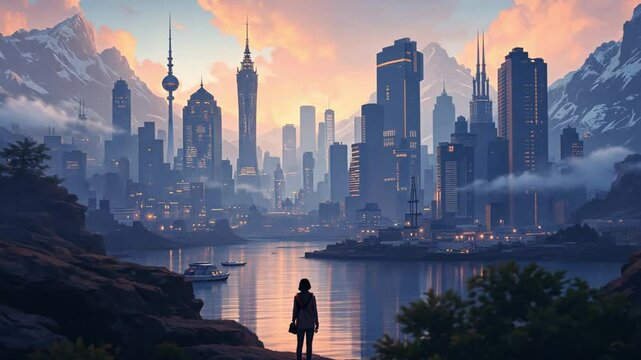 Solo traveler exploring a new city at sunrise &ndash; fresh start, urban adventure